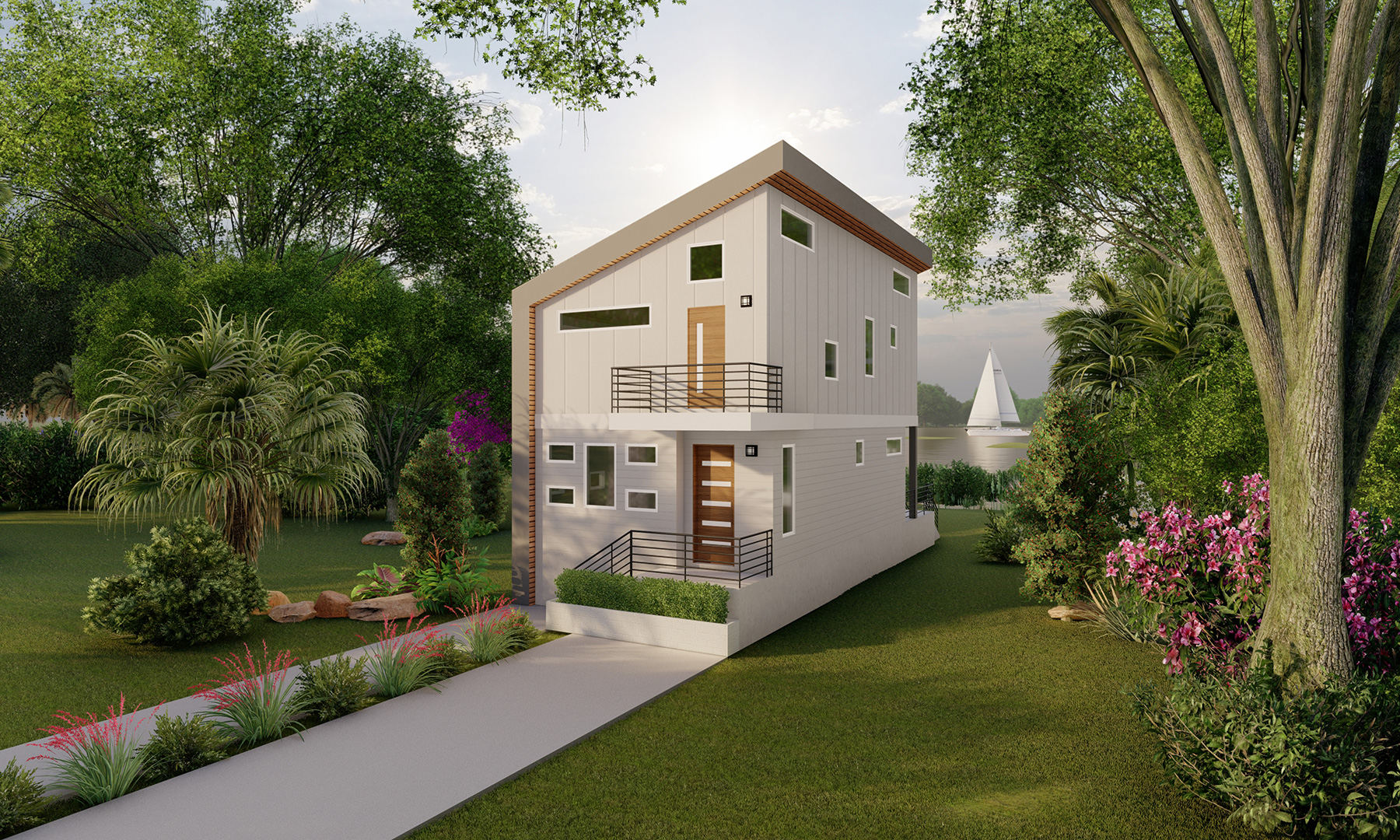 rendering of Blackbox kit home, modern design with sloped roof and modern lines, situated near a lake among tall trees